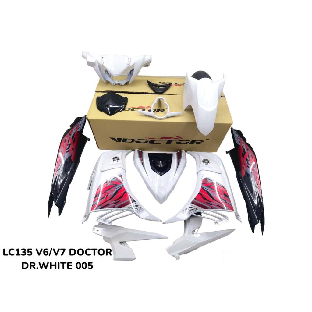 COVERSET BODYSET YAMAHA LC LC135 V2 V6 V7 DR WHITE STRIPE TANAM CODE 005 DOCTOR EDITION OEM MERAH ROBOT